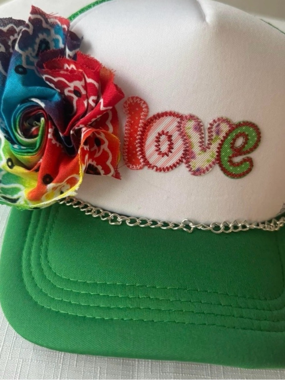 Love Embroidered Flower Trucker Hat - Green & White